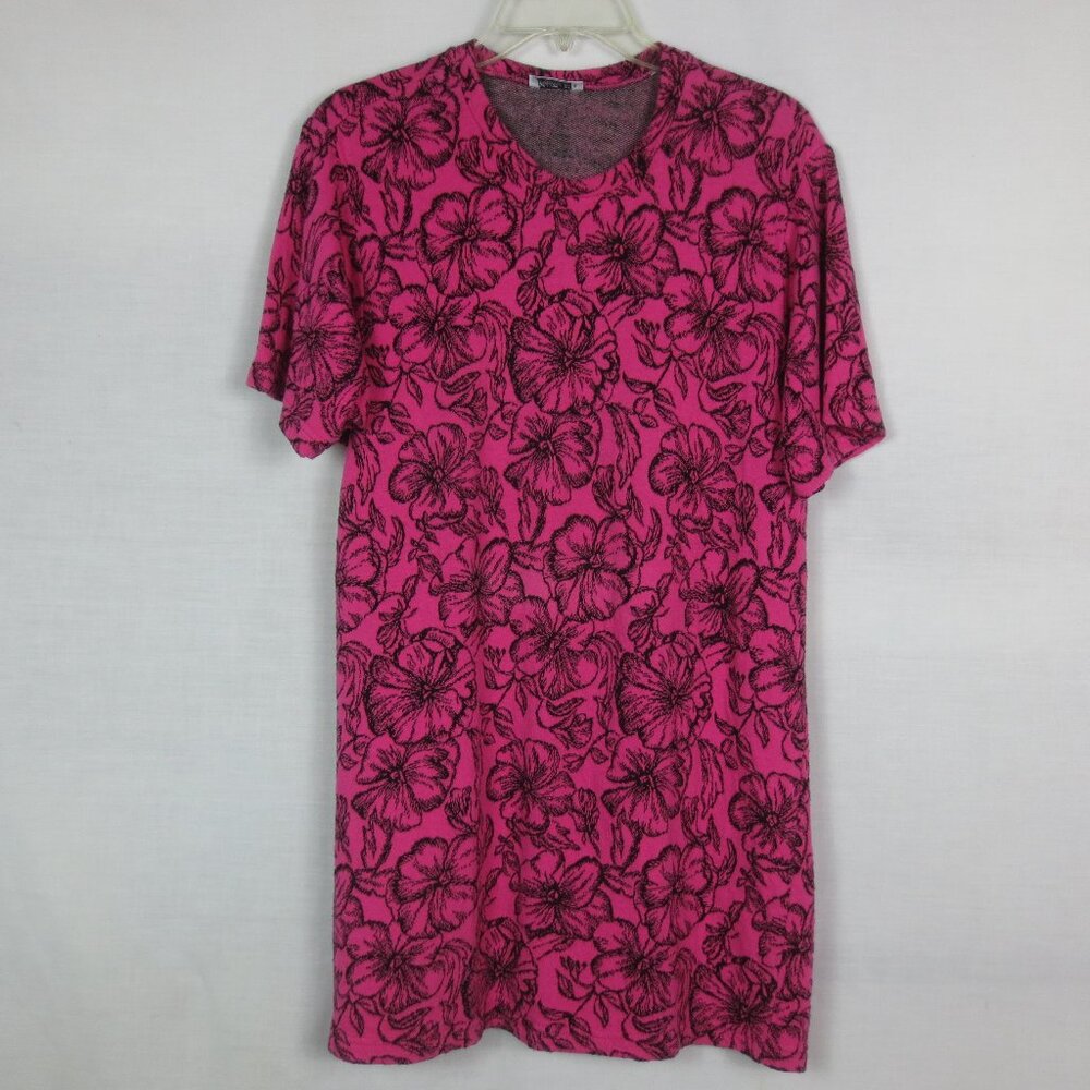 90s Sax 5th Avenue Dress Pink Black Floral Print Stretch Shift Mini Size L or XL